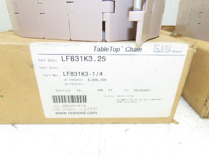 Rexnord LF831K3.25 Straight TableTop Conveyor Chain  3-1/4"x 10'  Lot of 2