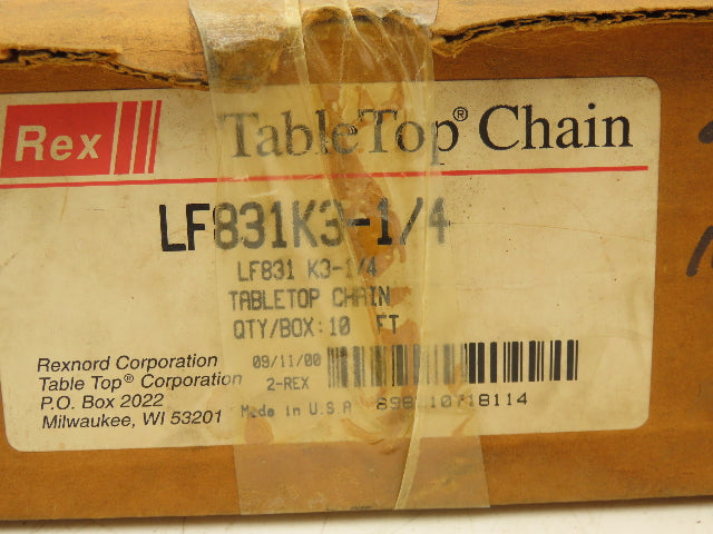 Rexnord LF831K3.25 Straight TableTop Conveyor Chain  3-1/4"x 10'  Lot of 2