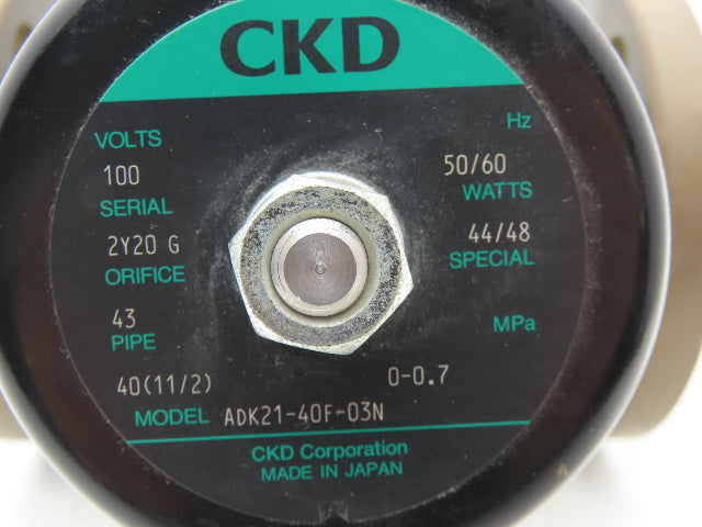 CKD ADK21-40F-03N Bronze Solenoid Valve 43mm Flanged 100V Pilot Kick Type