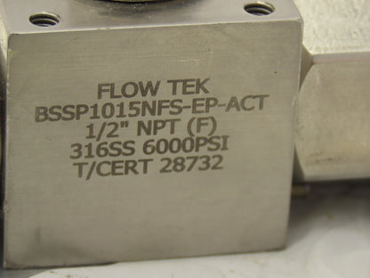 Flow Tek BSSP1015NFS-EP-ACT  3-Way Stainless Ball Valve 1/2"NPT 6000psi 316SS