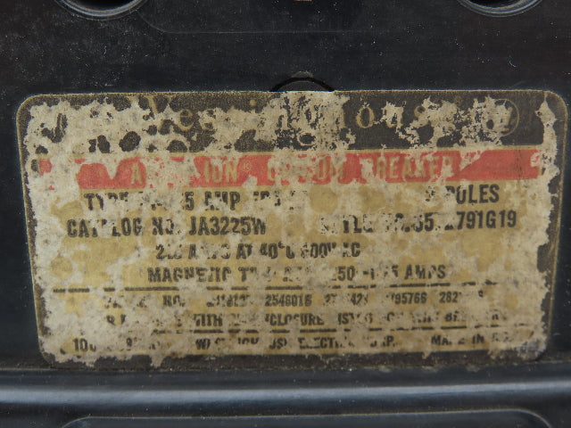 Westinghouse JA3225W 3-Pole Circuit Breaker 225A 600VAC Magnetic Trip