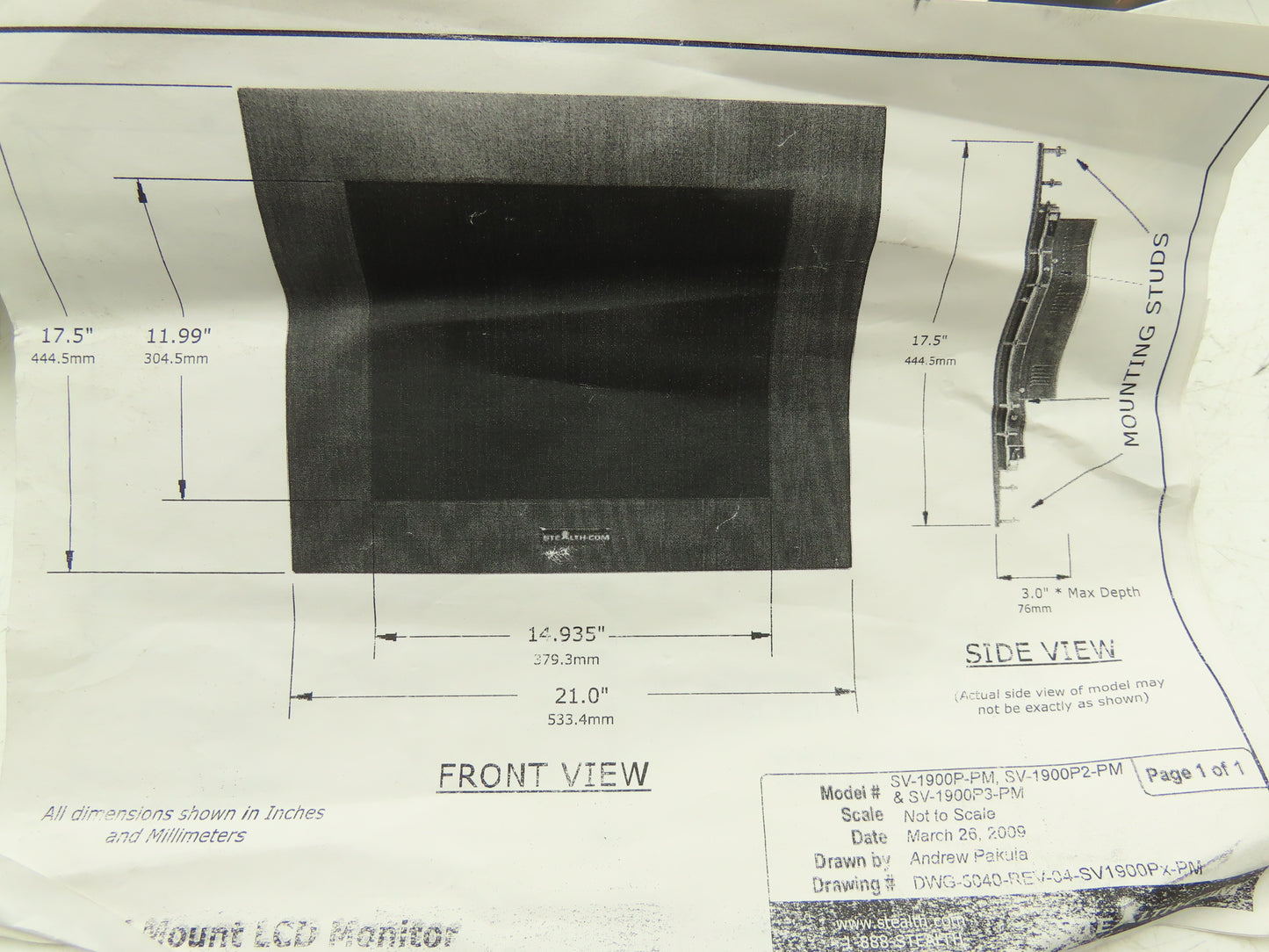 Stealth SV-1900P3-PM-RT-SS Industrial Computer Panel Mount LCD Monitor 19"Screen