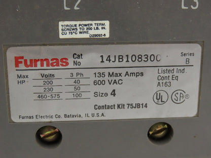 Furnas 14JB108300 Motor Starter 135A 600VAC 3ph 100Hp NEMA 4 120V Coil