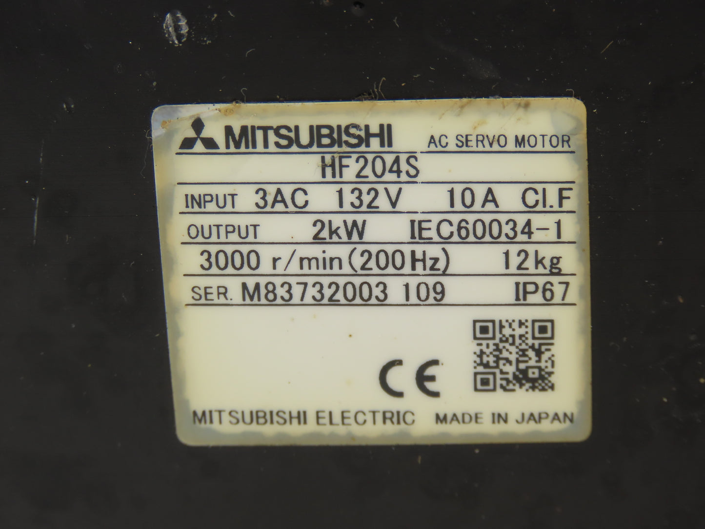 Mitsubishi HF204S AC Servo Motor 2kw 132V 3PH 3000rpm - Encoder 0SA105S5A