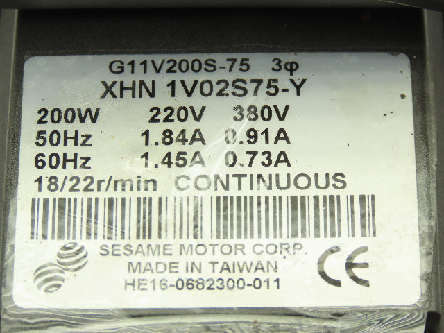 Sesame G11V200S-75 Gear Motor 200W 220V 3PH 22rpm 75:1 Parallel Shaft
