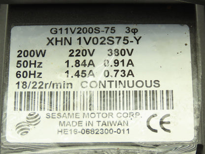 Sesame G11V200S-75 Gear Motor 200W 220V 3PH 22rpm 75:1 Parallel Shaft