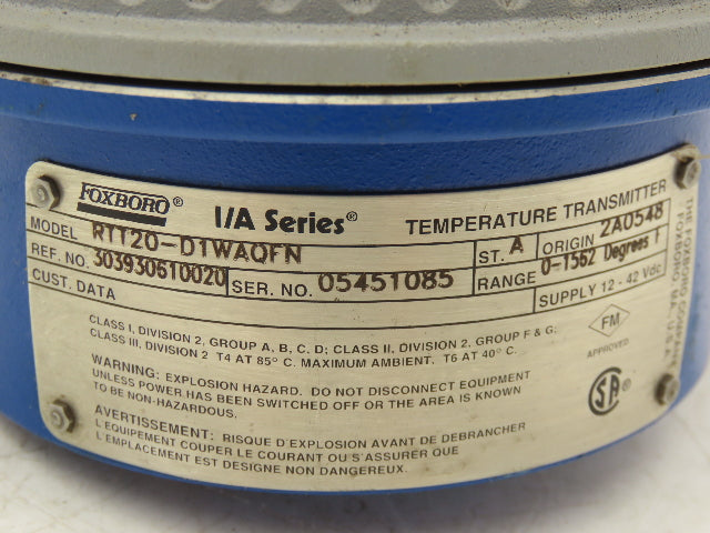 Foxboro RTT20-D1WAQFN Temperature Transmitter 12-42VDC I/A Ser 0-1562°F 6"