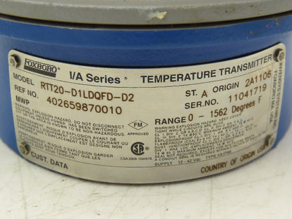 Foxboro RTT20-D1LDQFD-D2 Temperature Transmitter 12-42vdc I/A Ser 0-1562°F 7"