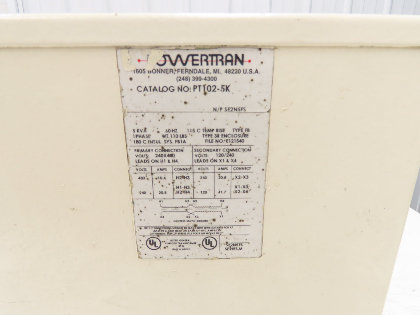 Federal Pacific SE2N5FS Power Transformer 5KVA 1PH HV 240/480 LV 120/240