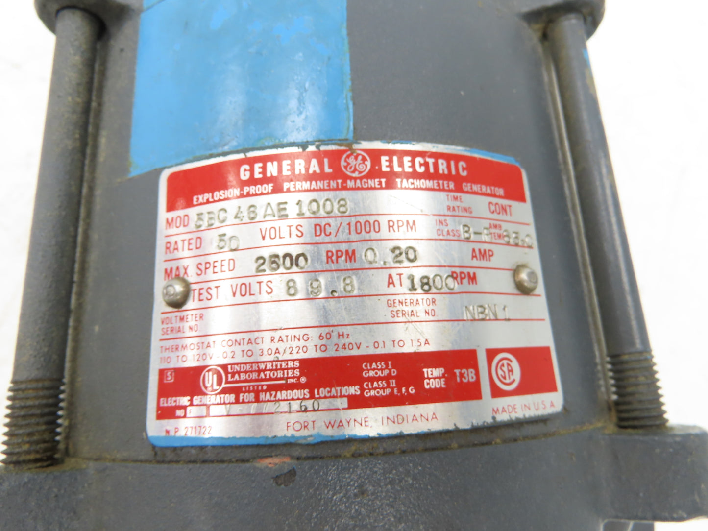 GE General Electric 5BC46AE1008 DC Motor Tachometer Generator 50VDC 2500 RPM