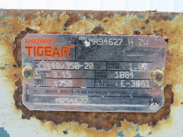 Dodge Tigear 140/350-20 Worm Gearbox 20:1 Reducer 3Hp 88rpm LH 140TC