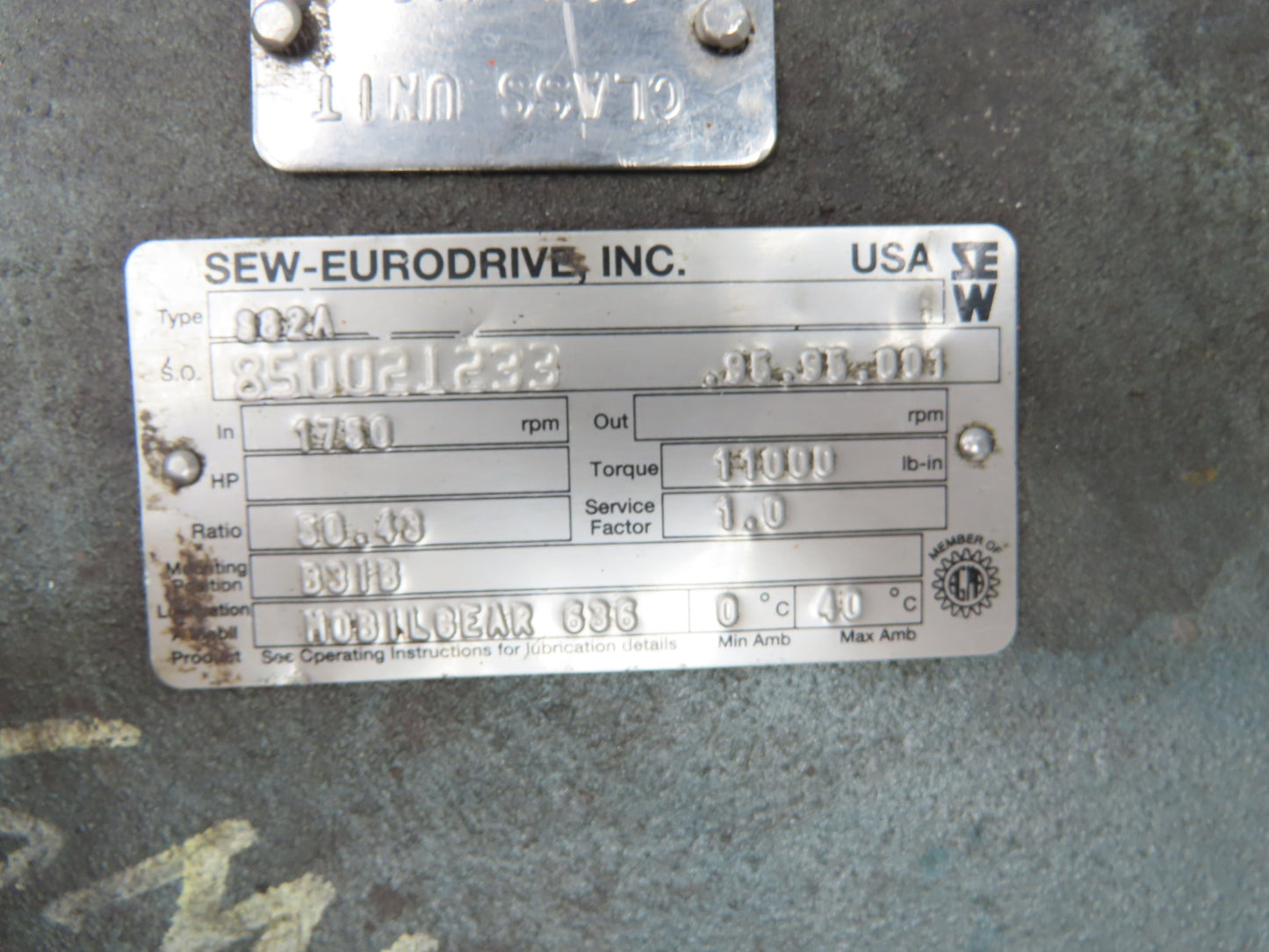 Sew Eurodrive S82A Double Reducer Gearbox 50:1 + 27:1 Ratio 22rpm RF60LP 56C