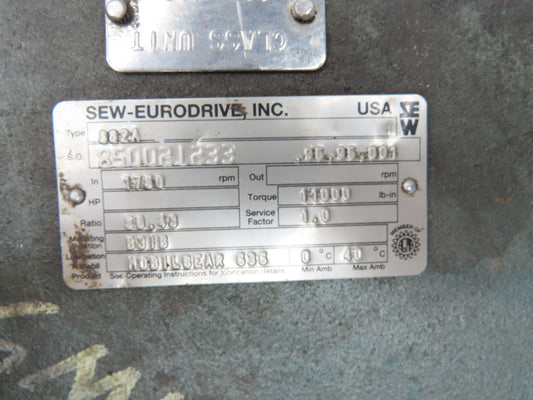 Sew Eurodrive S82A Double Reducer Gearbox 50:1 + 27:1 Ratio 22rpm RF60LP 56C