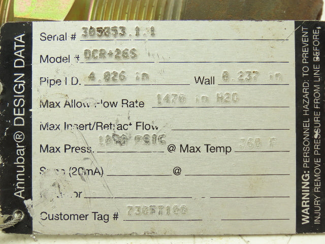 Dieterich Standard Fisher Rosemount DCR+26S Primary Flow Element Meter 1470" H20
