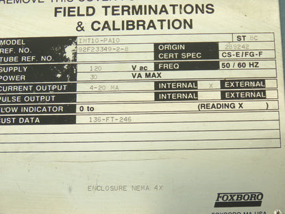 Foxboro IMT10-PA10 Magnetic Flow Transmitter 120VAC I/A Series
