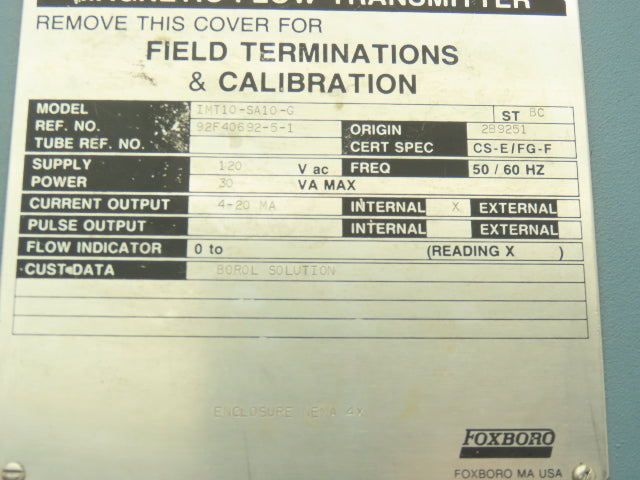 Foxboro IMT10-SA10-G Magnetic Flow Transmitter 120VAC I/A Series