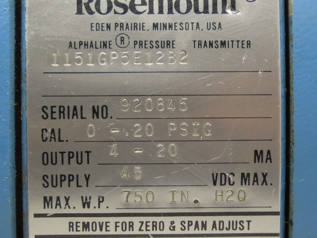 Rosemount 1151GP5E12B2 Electronic Pressure Transmitter 0-20psi 45VDC Haz Loc