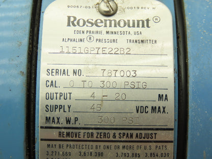 Rosemount 1151GP7E22B2 1151GP7E22B2 Pressure Transmitter 45VDC 300 PSI