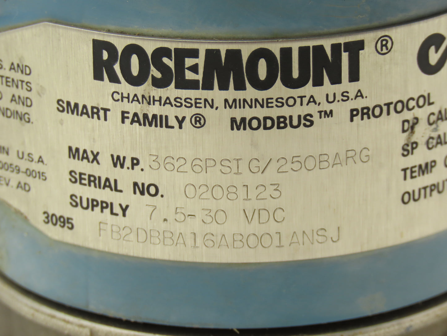 Rosemount 3095 FB2DBBA16AB001ANSJ Pressure Transmitter 7.5-30VDC 3626PSI