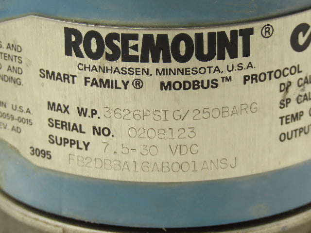 Rosemount 3095 FB2DBBA16AB001ANSJ Pressure Transmitter 7.5-30VDC 3626PSI
