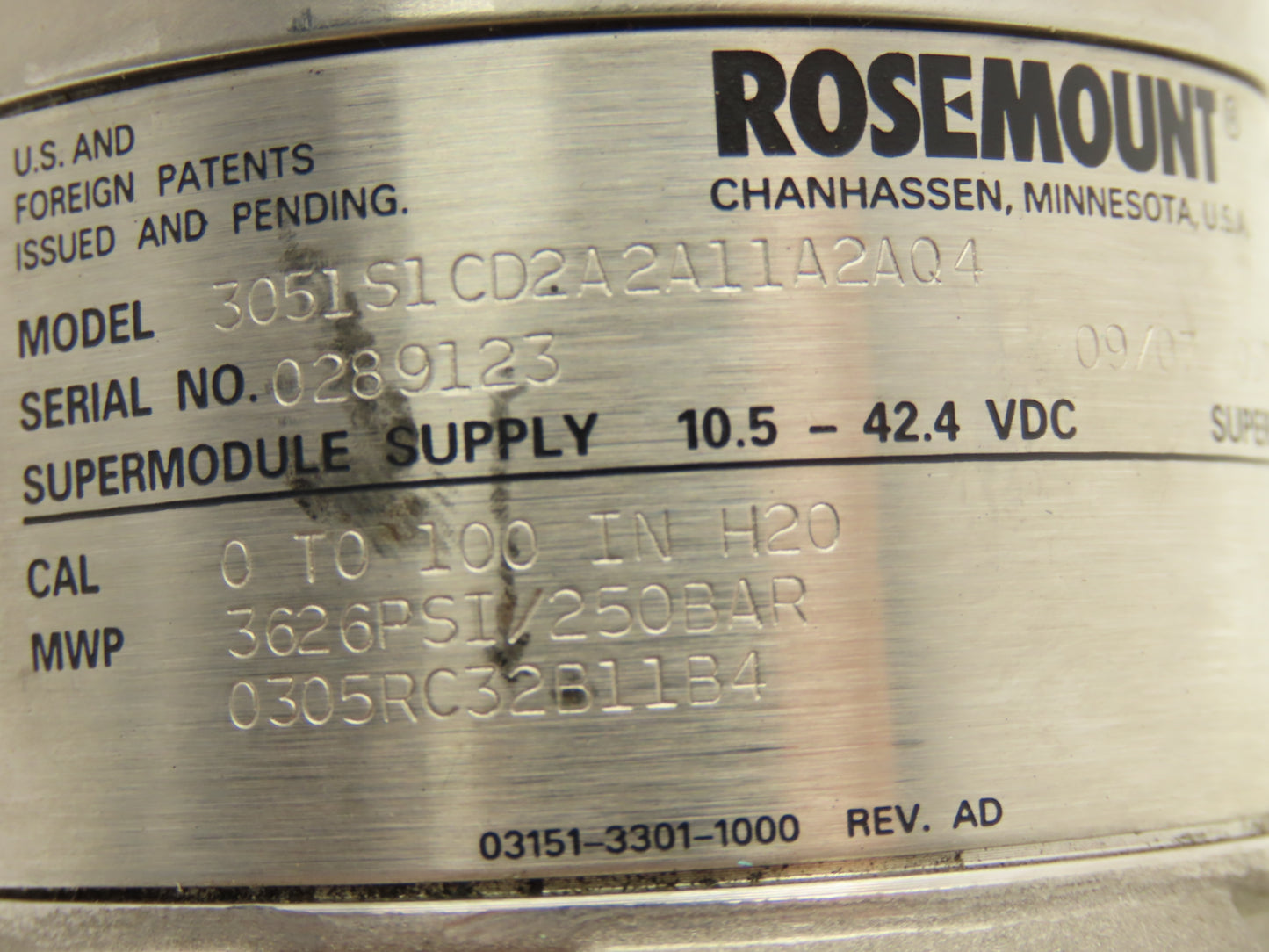Rosemount 3051S1CD2A2A11A2AQ4 Coplanar Pressure Transmitter 11-42VDC 0-100" H2O