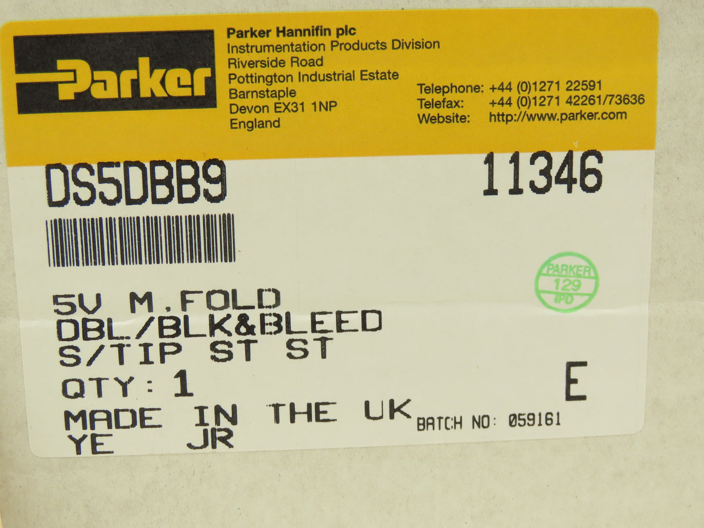 Parker DS5DBB9 Hydraulic Stainless Valve Manifold 5-Port 1/4" 1/2"NPT