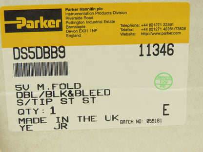 Parker DS5DBB9 Hydraulic Stainless Valve Manifold 5-Port 1/4" 1/2"NPT