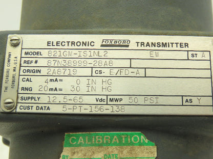 Foxboro 821GM-IS1NL2 Pressure Transmitter 1/2"NPT 12.5-65vdc 50PSI