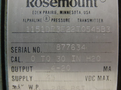 Rosemount 1151DP3E22T0545B3 Electronic Pressure Transmitter 45VDC 285psi