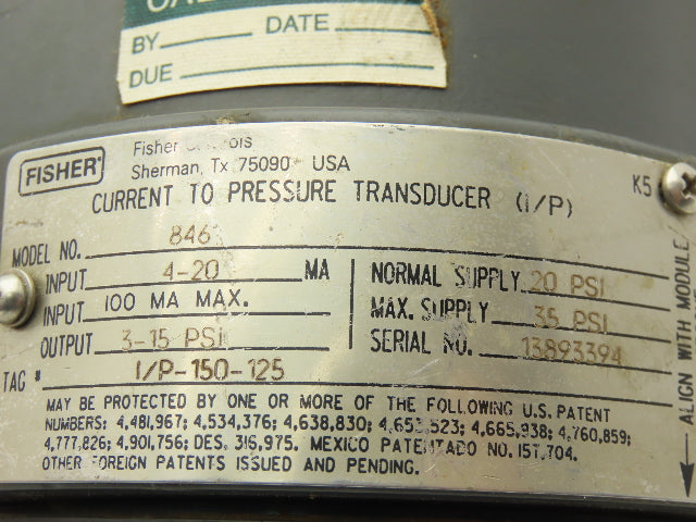 Fisher Rosemount 846 Current to Pressure Transducer 3-15PSI XP Haz Loc