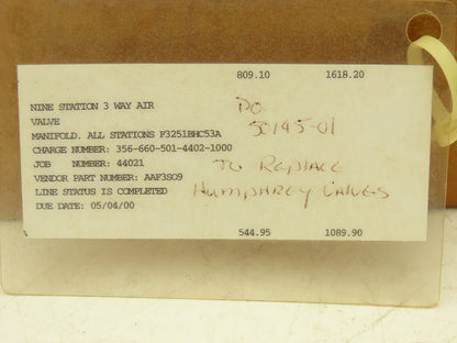 Parker F3251BCC53A Pneumatic Directional Solenoid Valve 9-Station Manifold 120V