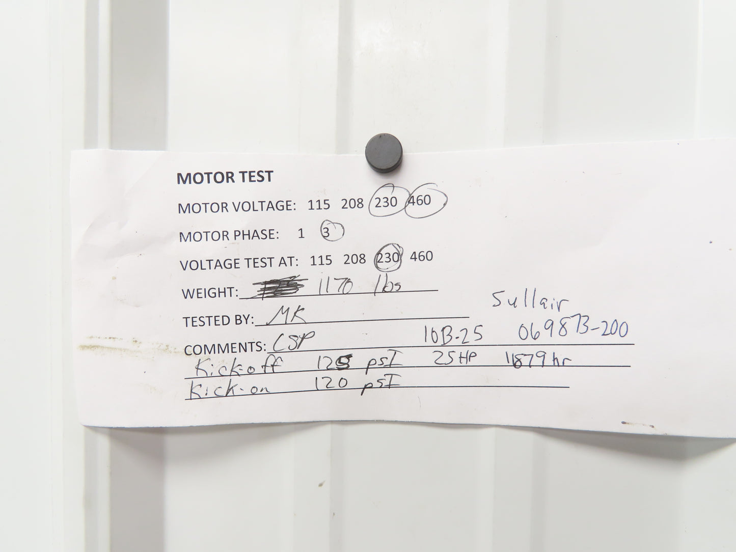 Sullair 10B-25 Rotary Screw Air Compressor 100 CFM 125 PSI 25HP 230/460V 3Ph