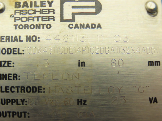 Bailey Fischer Porter 10DX4311CDE14P1C2DBA1132X4ADBC Flow Meter 3" Teflon 120V