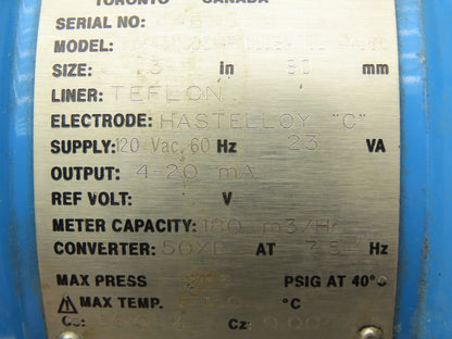 Bailey Fischer Porter 10DX4311CDE14P1C2DBA1132X4ADBC Flow Meter 3" Teflon 120V
