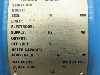Bailey Fischer Porter 10DX4311CDE14P1C2DBA1132X4ADBC Flow Meter 3" Teflon 120V