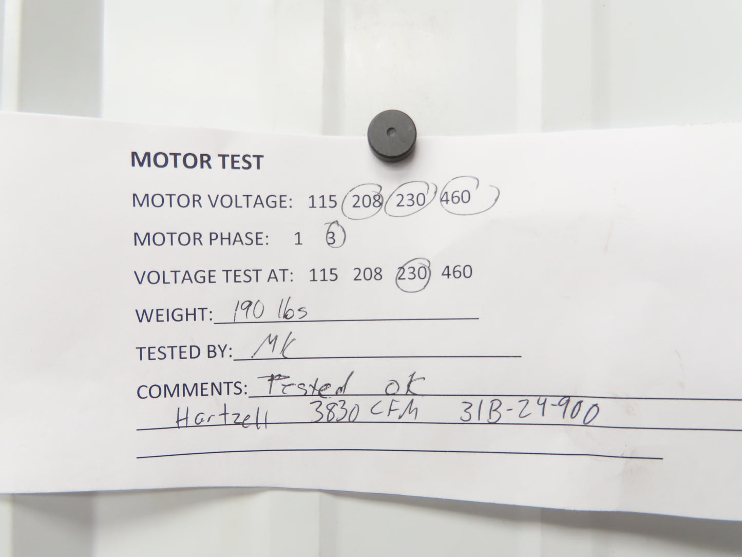 Hartzell 31B-24-900 Tubeaxial Fan 24" Belt Drive 3/4 Hp Motor 208-230/460V