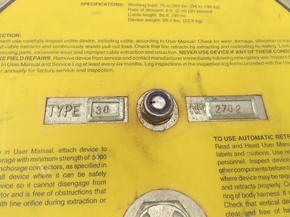 Dynescape 506262 Automatic Retractable Descender 95' Cable Lifeline 300Lb