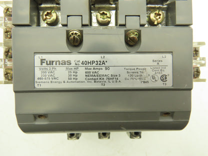 Furnas 40HP32A* AC Contactor Motor Starter 50Hp 600VAC 3Ph 120V Coil