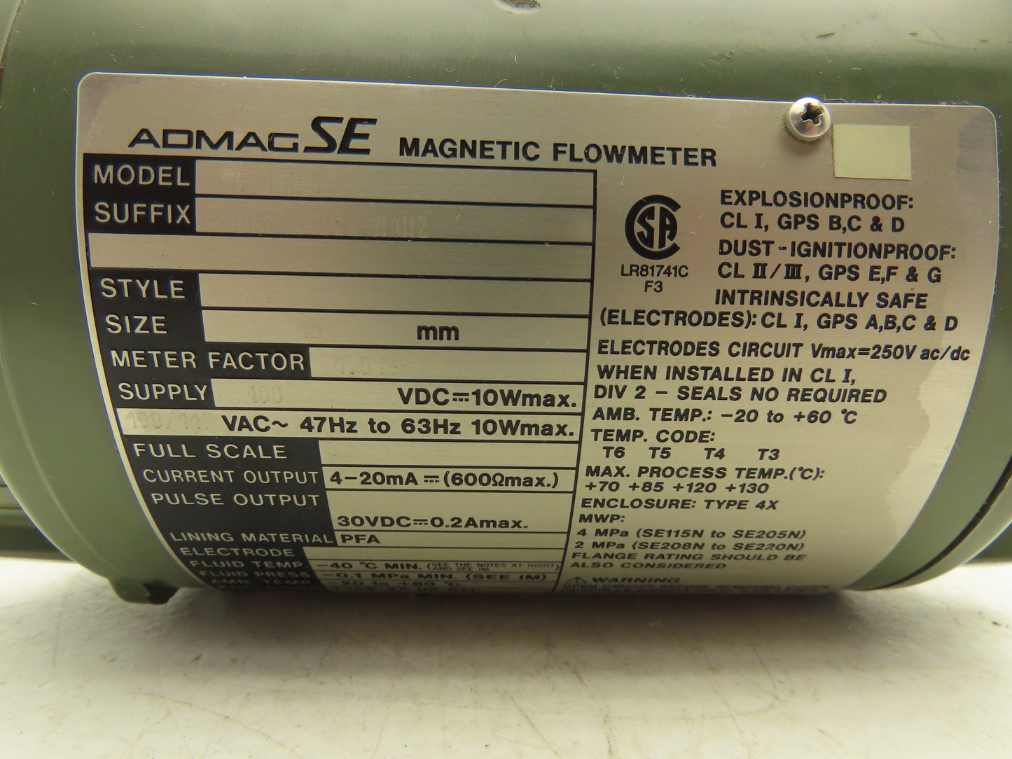 Yokogawa SE115NJ-DAB1S-LS2-A1H2 Yewflo Magnetic Flowmeter 115VAC 1/2" Haz Loc