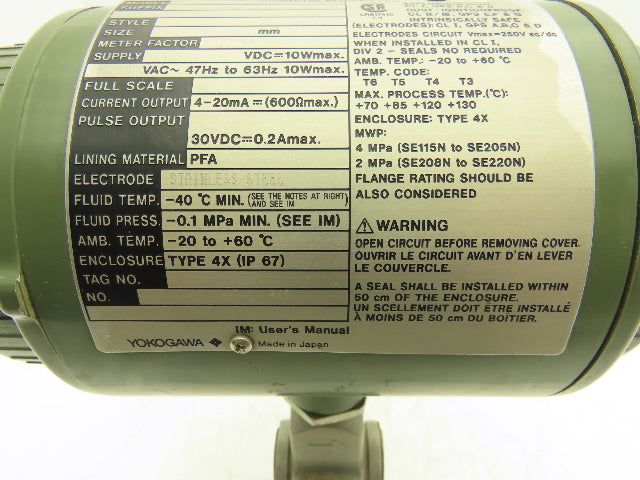 Yokogawa SE115NJ-DAB1S-LS2-A1H2 Yewflo Magnetic Flowmeter 115VAC 1/2" Haz Loc
