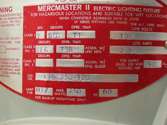 Appleton LPBC250-120 Mercmaster II Light Fixture 250W 120V H37 HPS Sodium Lamp