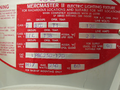 Appleton LPBC250-120 Mercmaster II Light Fixture 250W 120V H37 HPS Sodium Lamp