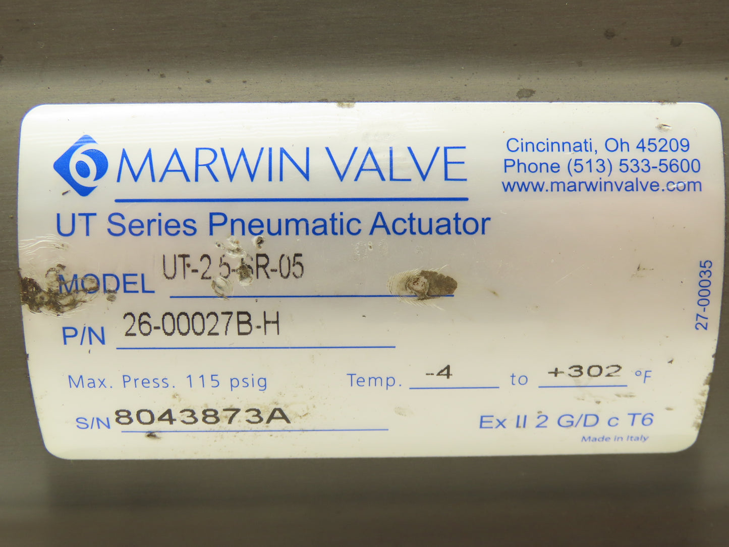 Marwin UT-2.5-SR-05 Pneumatic Actuator 1.5"NPT Stainless Ball Valve 8733FTRS-15A