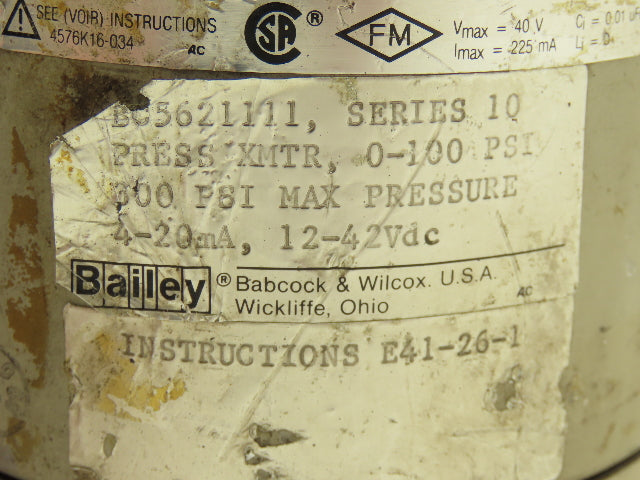 Bailey BC5621111 Pressure Transmitter 0-100psi 12-24VDC w/Diaphragm Seal