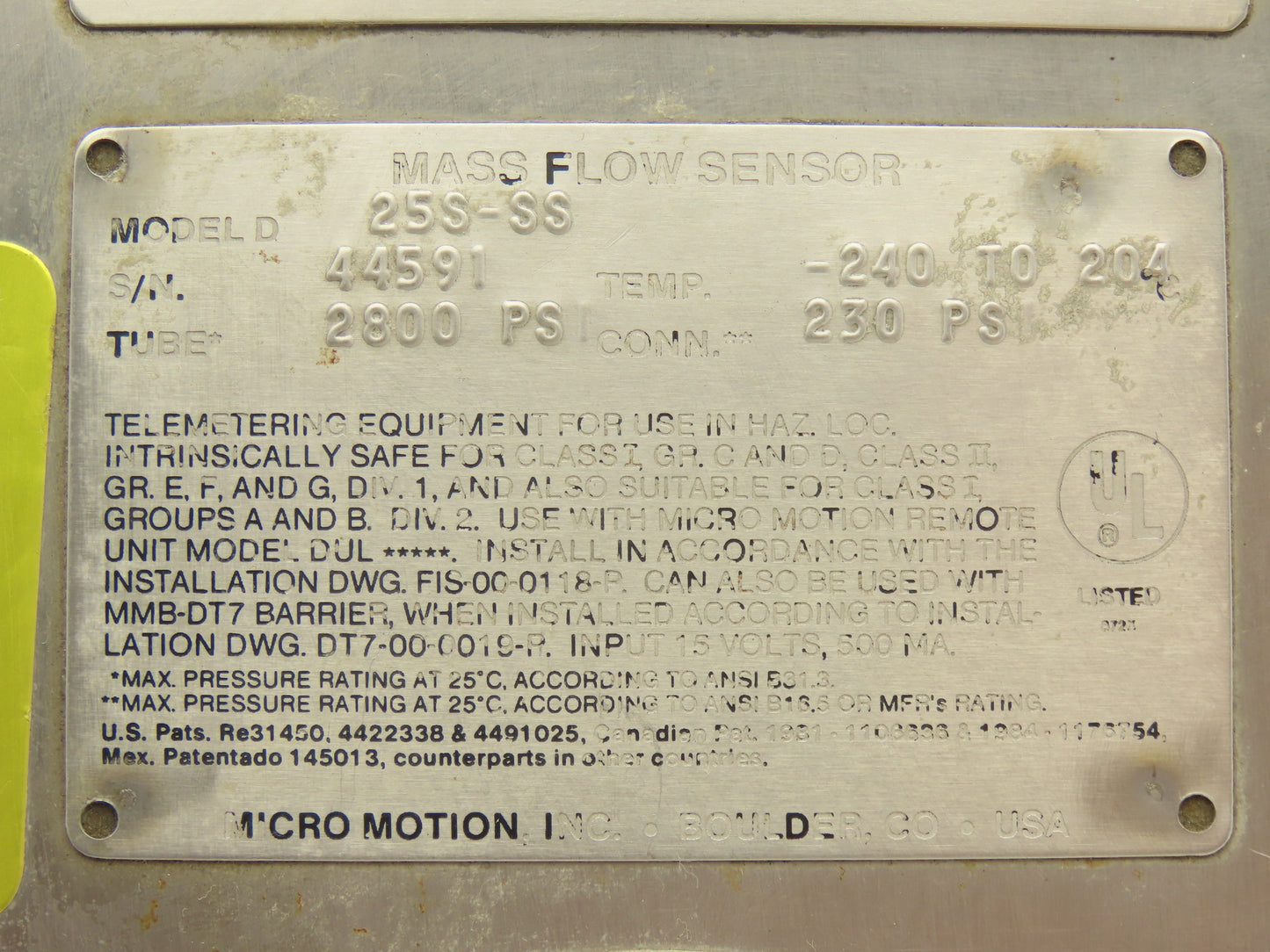 Micro Motion 25S-SS Mass Flow Sensor 1/2" Flanged Coriolis Meter