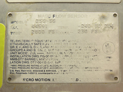 Micro Motion 25S-SS Mass Flow Sensor 1/2" Flanged Coriolis Meter