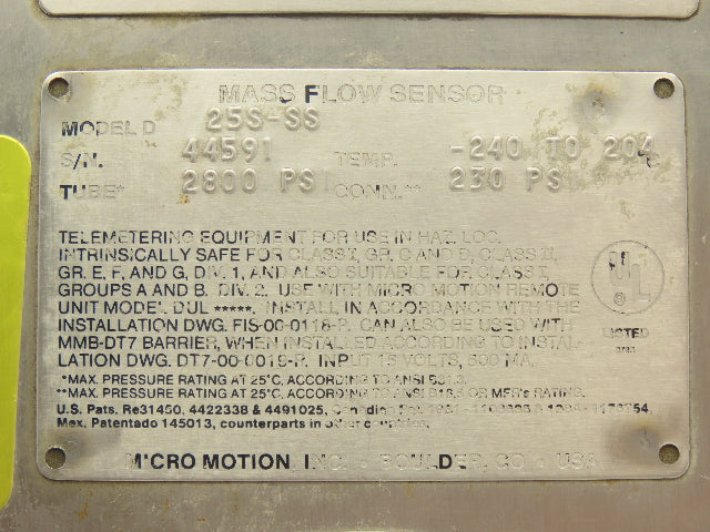 Micro Motion 25S-SS Mass Flow Sensor 1/2" Flanged Coriolis Meter