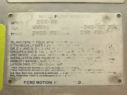 Micro Motion 25S-SS Mass Flow Sensor 1/2" Flanged Coriolis Meter