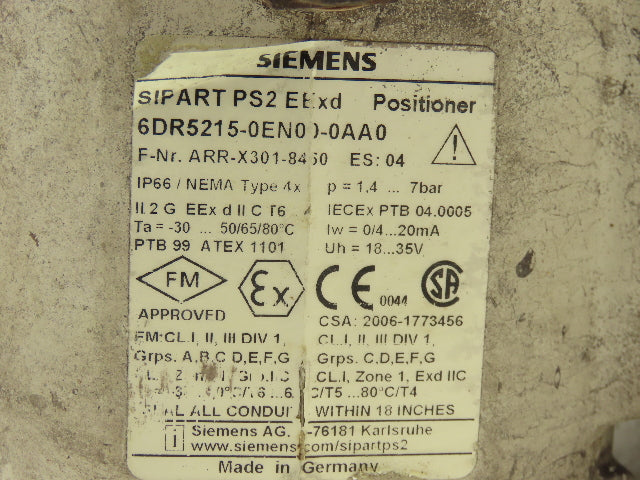Siemens 6DR5215-0EN00-0AA0 Electro Pneumatic Valve Positioner SIPART PS2 Eexd