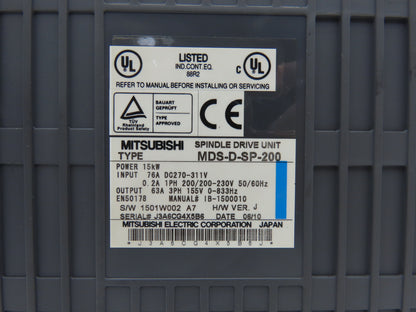 Mitsubishi MDS-D-SP-200 Spindle Drive Unit 15kW 230VAC In 155VAC 3PH 0-833Hz Out